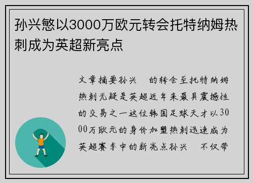 孙兴慜以3000万欧元转会托特纳姆热刺成为英超新亮点