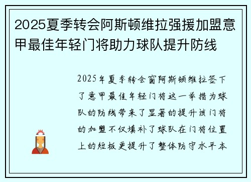 2025夏季转会阿斯顿维拉强援加盟意甲最佳年轻门将助力球队提升防线
